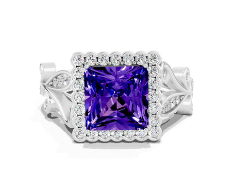White gold Princess Cut Tanzanite Halo Ring with Vintage Split Shank and Four-Prong Setting_24