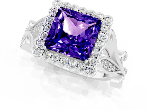 White gold Princess Cut Tanzanite Halo Ring with Vintage Split Shank and Four-Prong Setting_25