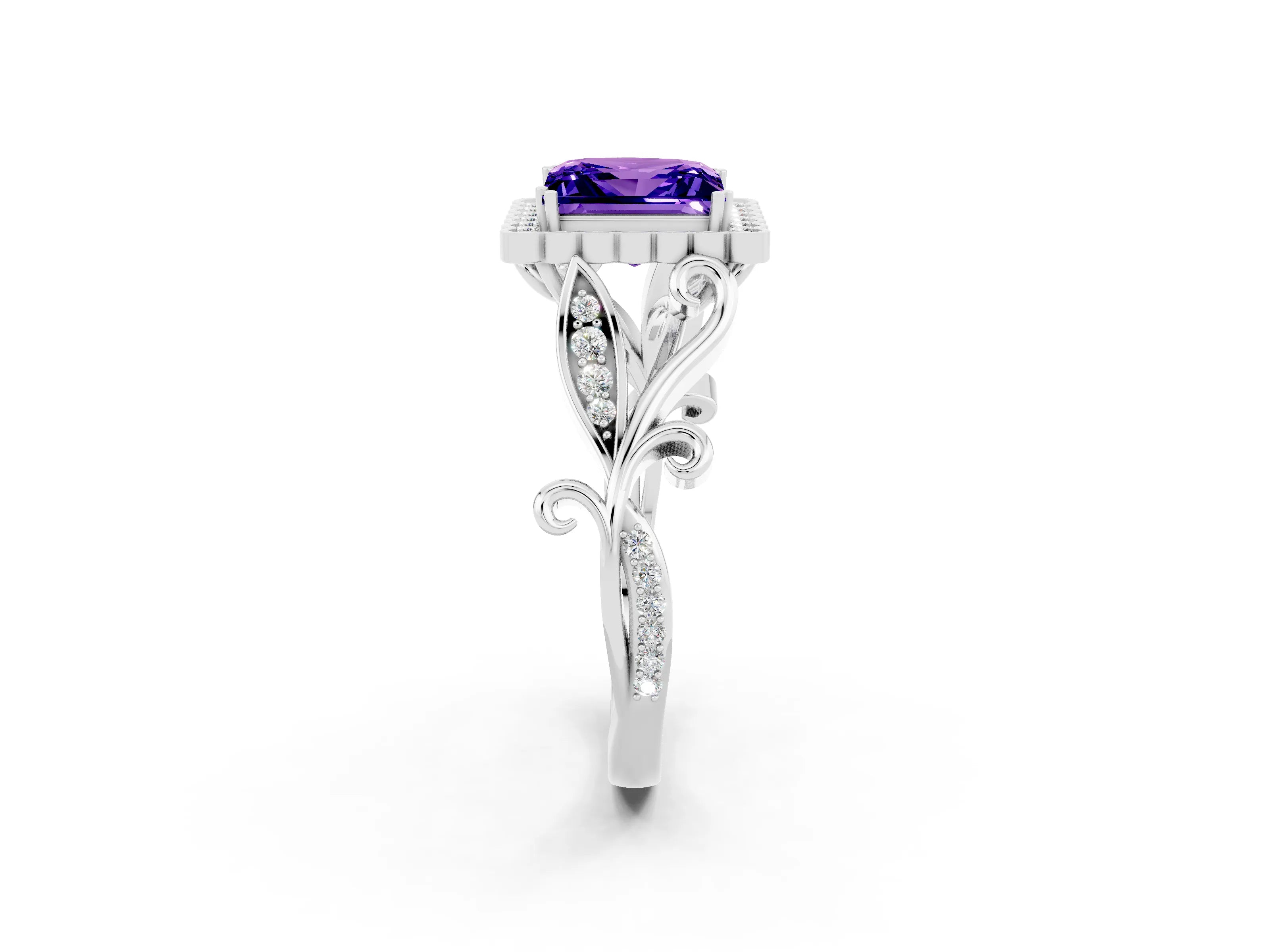 White gold Princess Cut Tanzanite Halo Ring with Vintage Split Shank and Four-Prong Setting_26