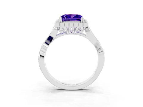 White gold Princess Cut Tanzanite Halo Ring with Vintage Split Shank and Four-Prong Setting_27