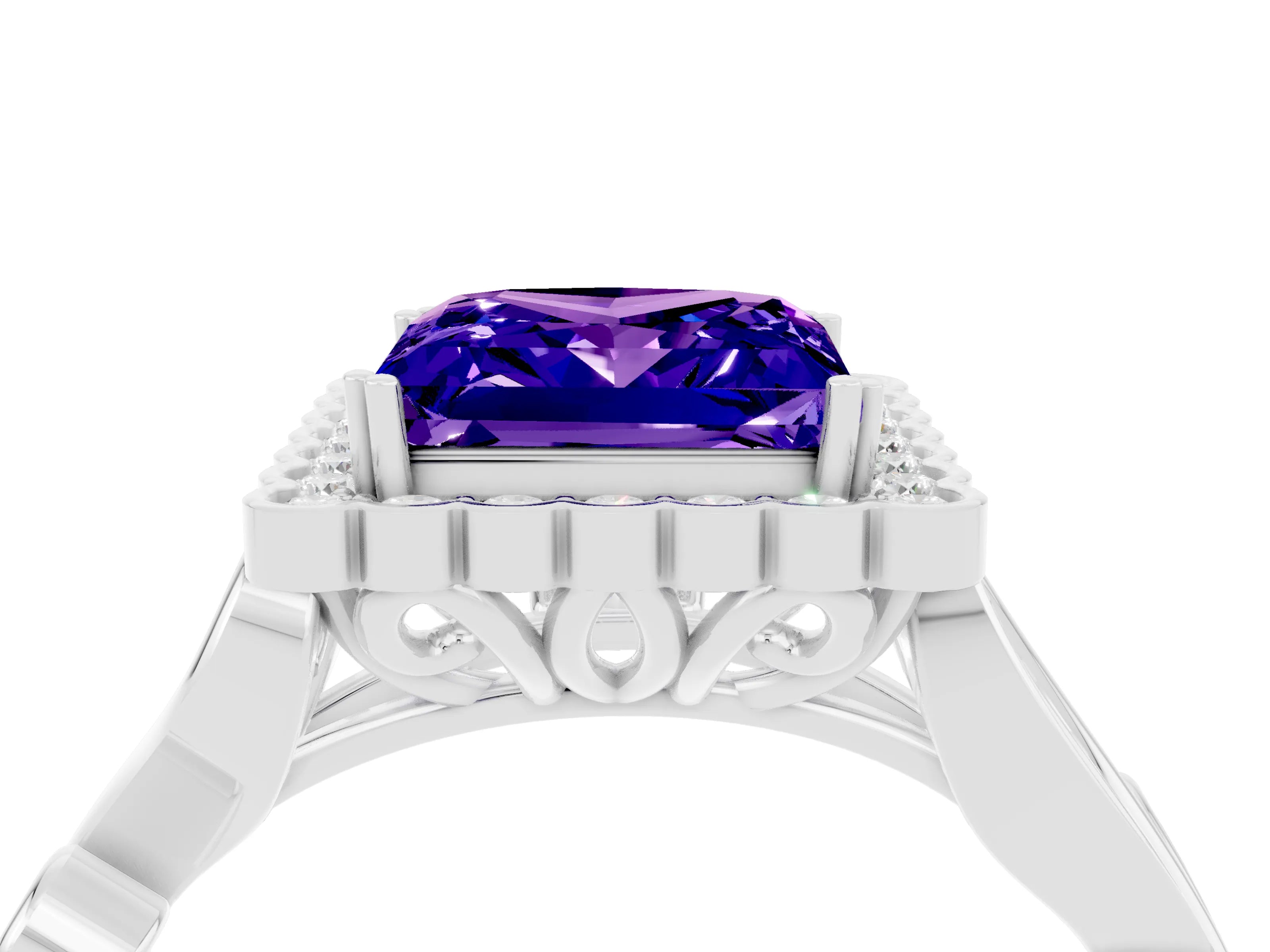 White gold Princess Cut Tanzanite Halo Ring with Vintage Split Shank and Four-Prong Setting_28