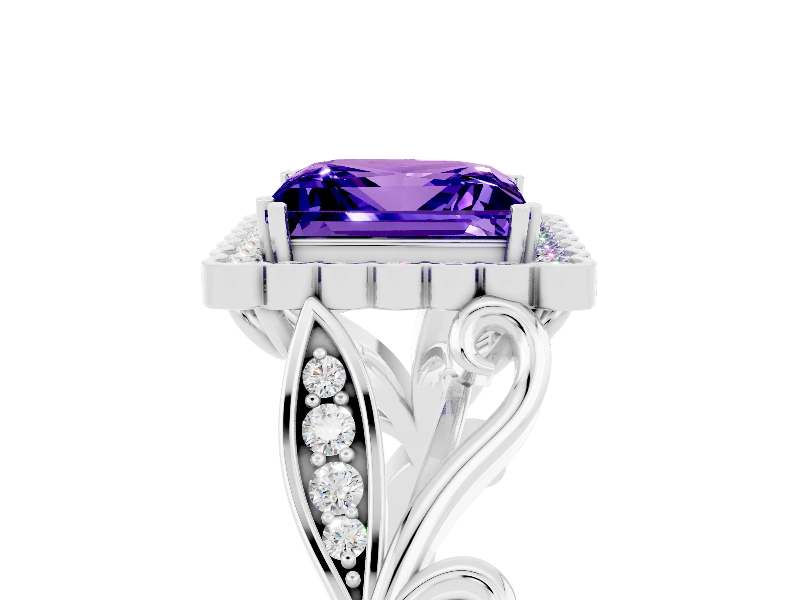 White gold Princess Cut Tanzanite Halo Ring with Vintage Split Shank and Four-Prong Setting_29
