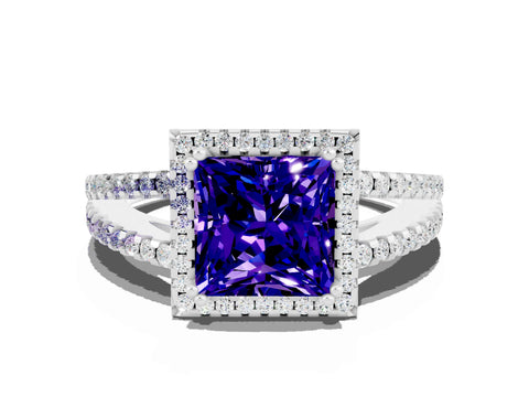 White gold Princess Cut Tanzanite Halo Split Shank Engagement Ring_12