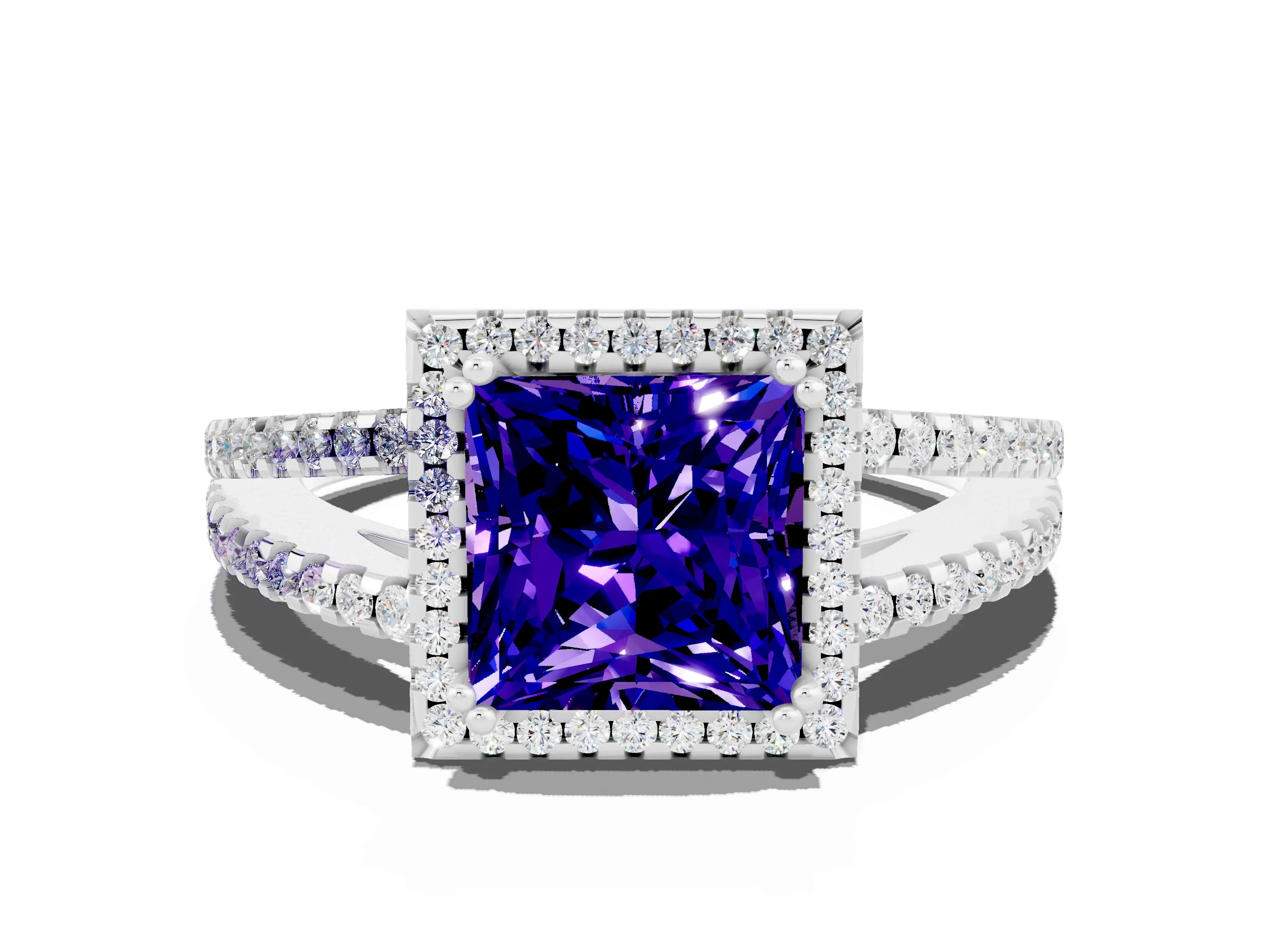 White gold Princess Cut Tanzanite Halo Split Shank Engagement Ring_12