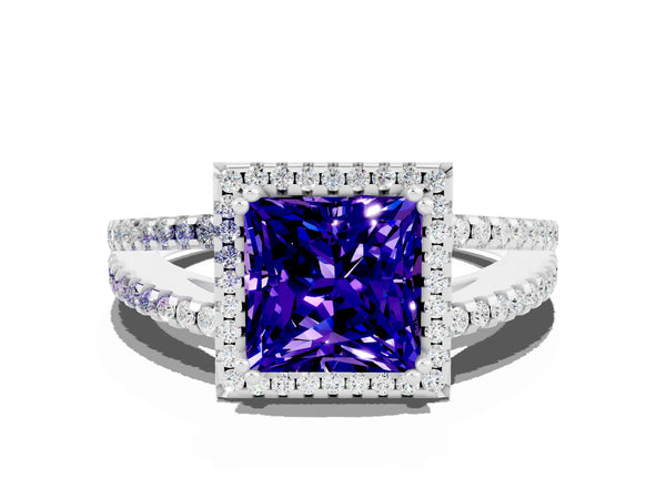 Silver Princess Cut Tanzanite Halo Split Shank Engagement Ring