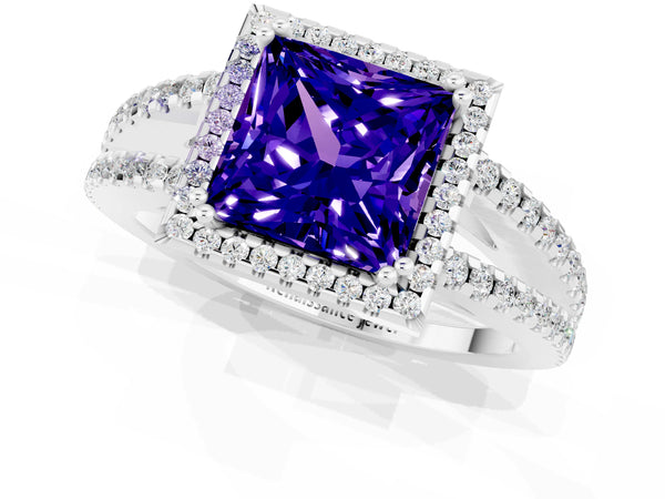 White gold Princess Cut Tanzanite Halo Split Shank Engagement Ring