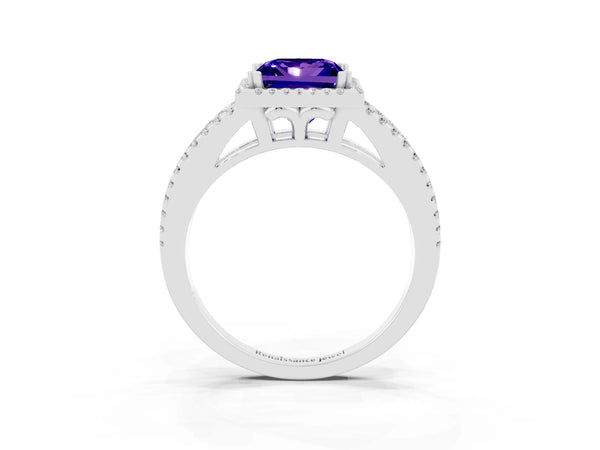 White gold Princess Cut Tanzanite Halo Split Shank Engagement Ring