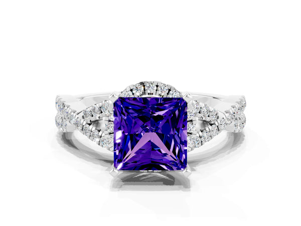 White gold Princess Cut Tanzanite  Halo Twist Band Solitaire Prong Setting Ring