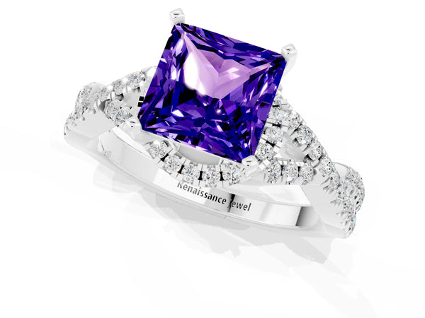 White gold Princess Cut Tanzanite  Halo Twist Band Solitaire Prong Setting Ring