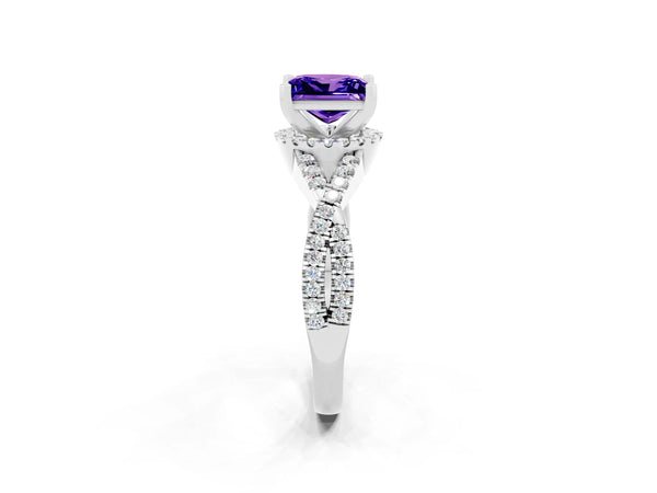 White gold Princess Cut Tanzanite  Halo Twist Band Solitaire Prong Setting Ring