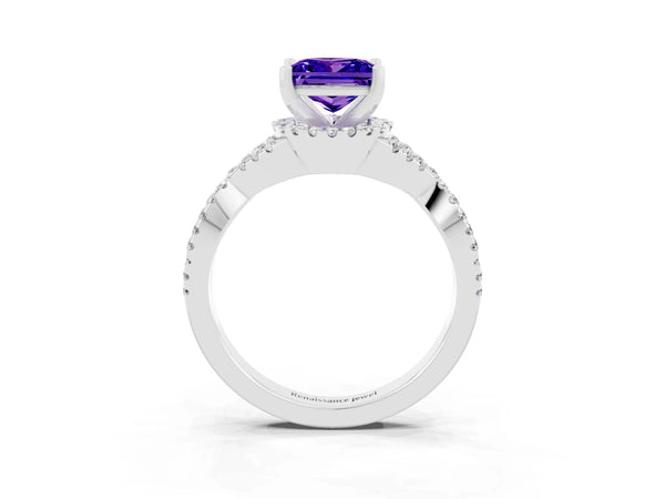 White gold Princess Cut Tanzanite  Halo Twist Band Solitaire Prong Setting Ring