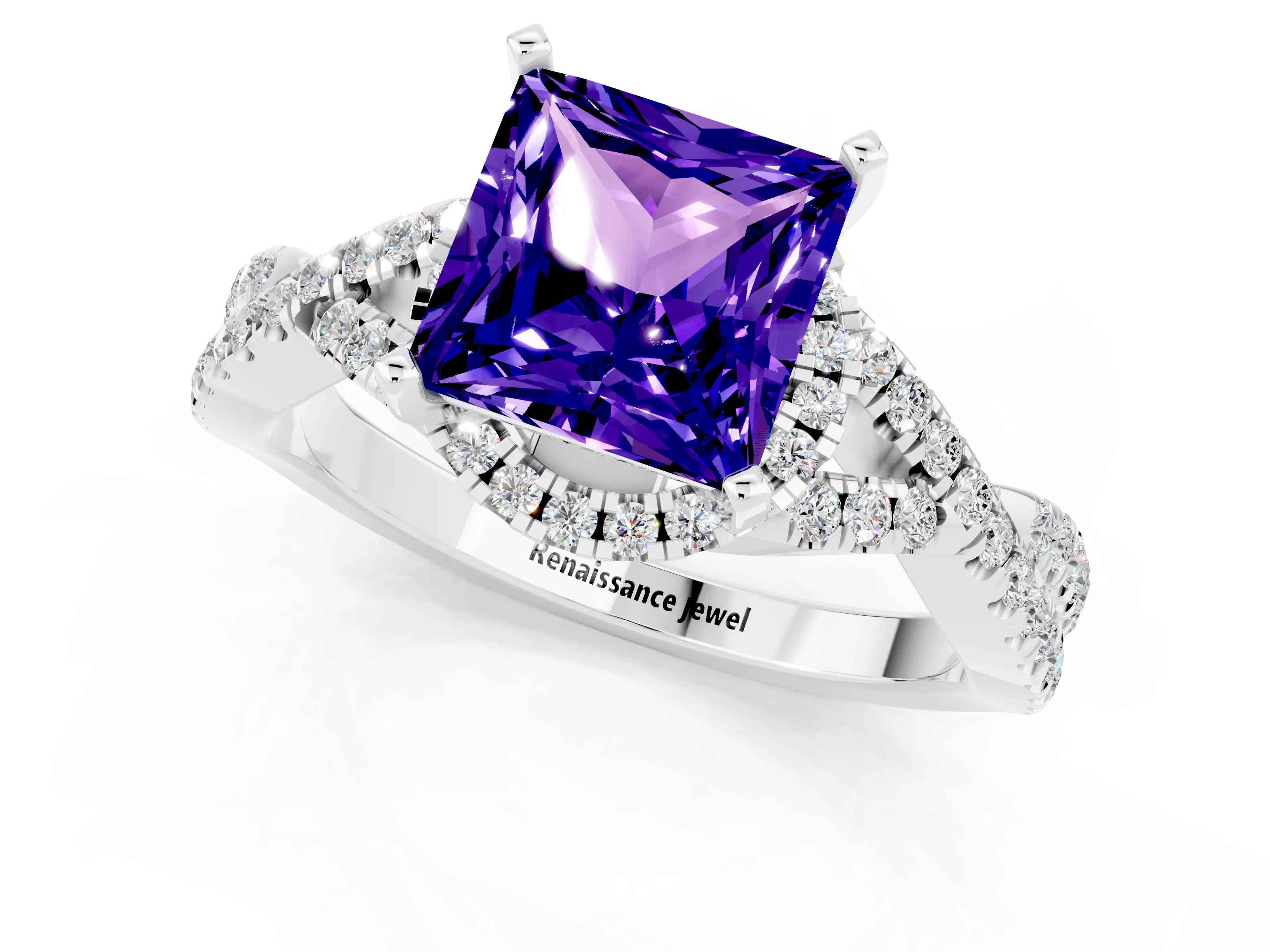 White gold Princess Cut Tanzanite Halo Twist Band Solitaire Prong Setting Ring_1