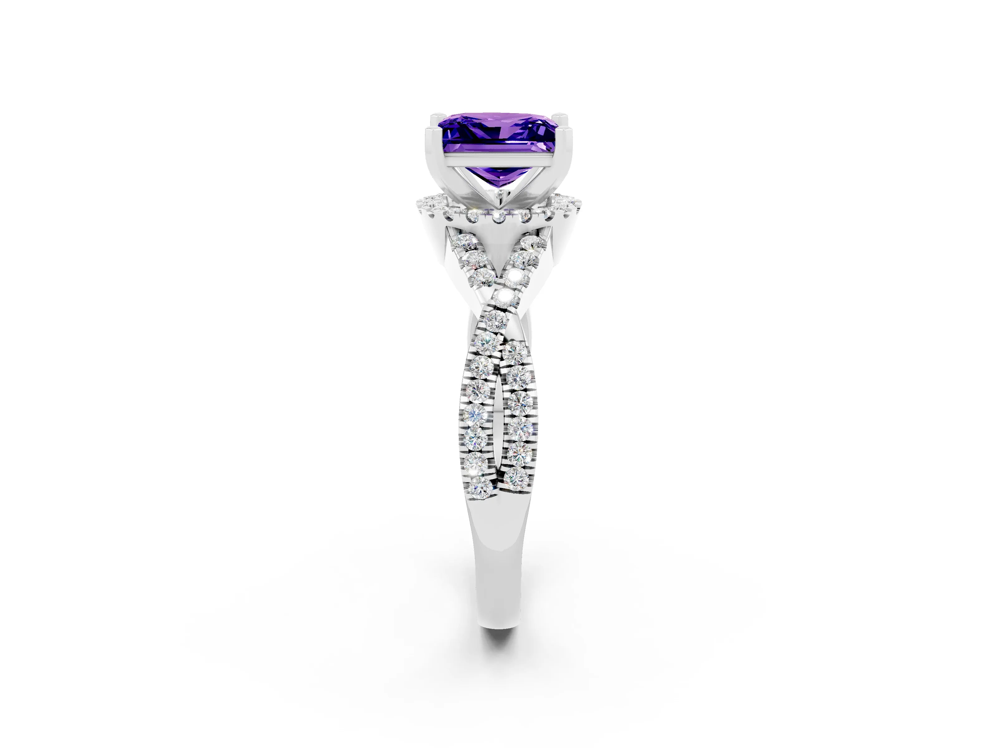White gold Princess Cut Tanzanite Halo Twist Band Solitaire Prong Setting Ring_2