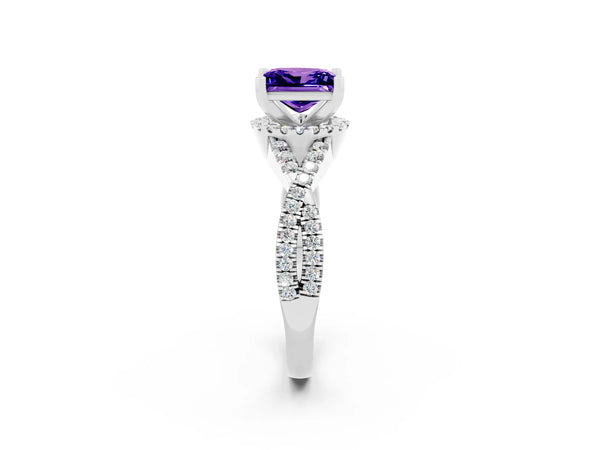 Silver Princess Cut Tanzanite  Halo Twist Band Solitaire Prong Setting Ring