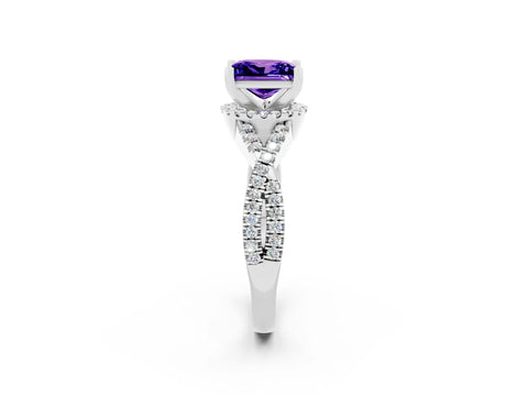 White gold Princess Cut Tanzanite Halo Twist Band Solitaire Prong Setting Ring_2