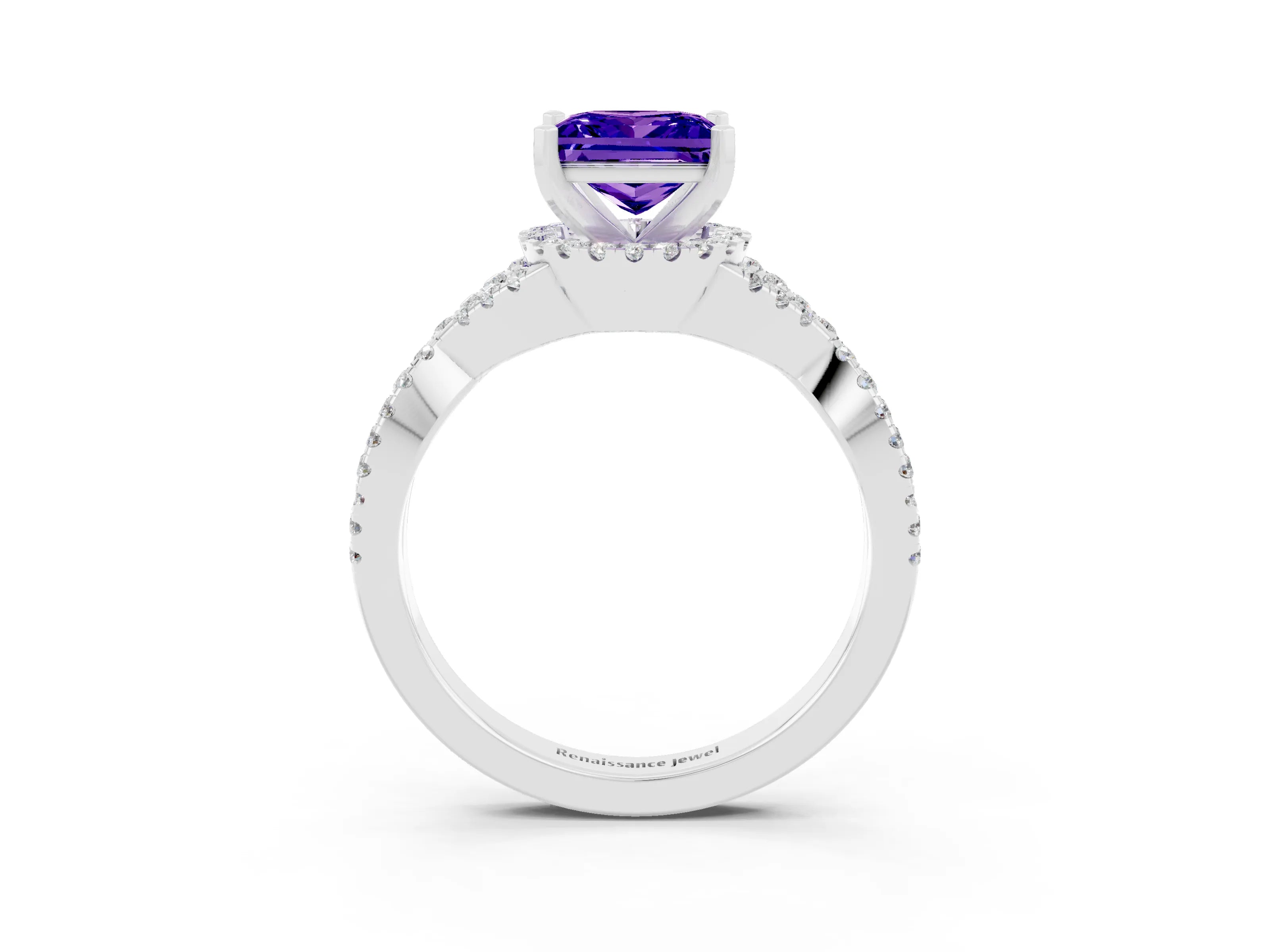 White gold Princess Cut Tanzanite Halo Twist Band Solitaire Prong Setting Ring_3