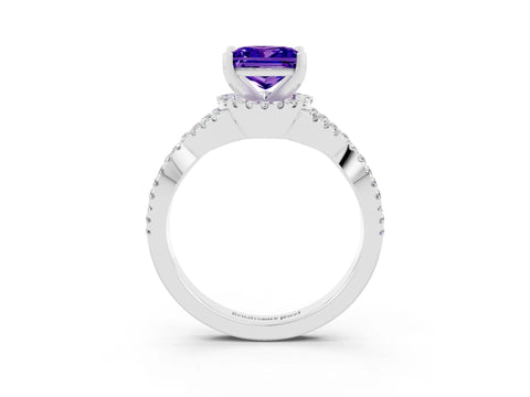 White gold Princess Cut Tanzanite Halo Twist Band Solitaire Prong Setting Ring_3