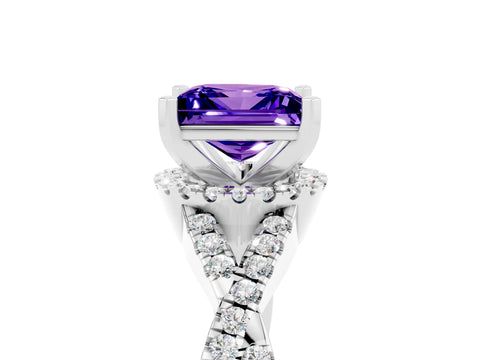 White gold Princess Cut Tanzanite Halo Twist Band Solitaire Prong Setting Ring_5