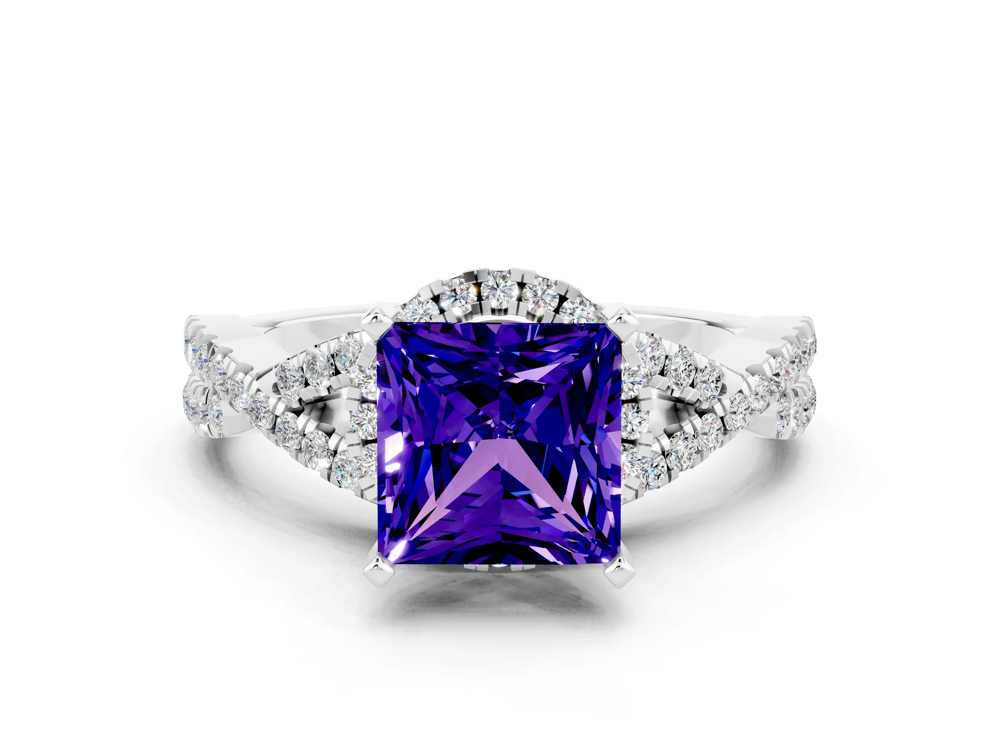 White gold Princess Cut Tanzanite Halo Twist Band Solitaire Prong Setting Ring