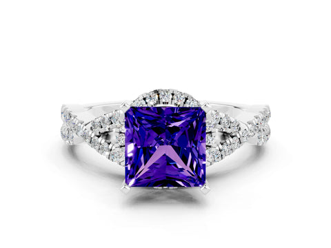 White gold Princess Cut Tanzanite Halo Twist Band Solitaire Prong Setting Ring