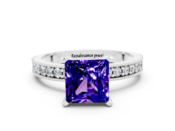 Platinum Princess Cut Tanzanite Milgrain Pavé Engagement Ring with Four-Prong Setting