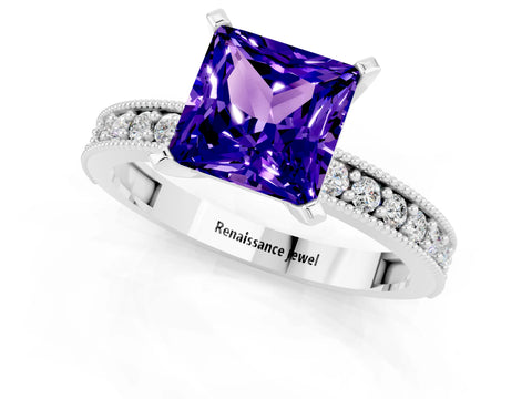 White gold Princess Cut Tanzanite Milgrain Pavé Engagement Ring with Four-Prong Setting_13