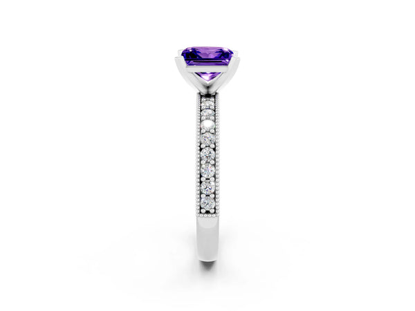 Platinum Princess Cut Tanzanite Milgrain Pavé Engagement Ring with Four-Prong Setting