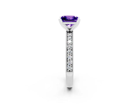 White gold Princess Cut Tanzanite Milgrain Pavé Engagement Ring with Four-Prong Setting_14