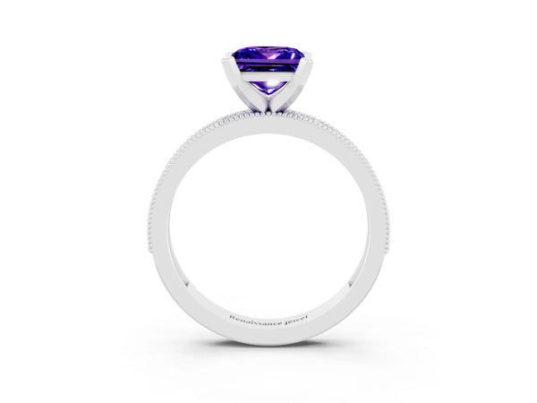 Platinum Princess Cut Tanzanite Milgrain Pavé Engagement Ring with Four-Prong Setting