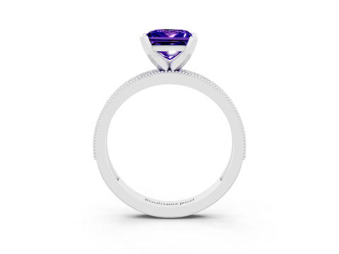 White gold Princess Cut Tanzanite Milgrain Pavé Engagement Ring with Four-Prong Setting_15
