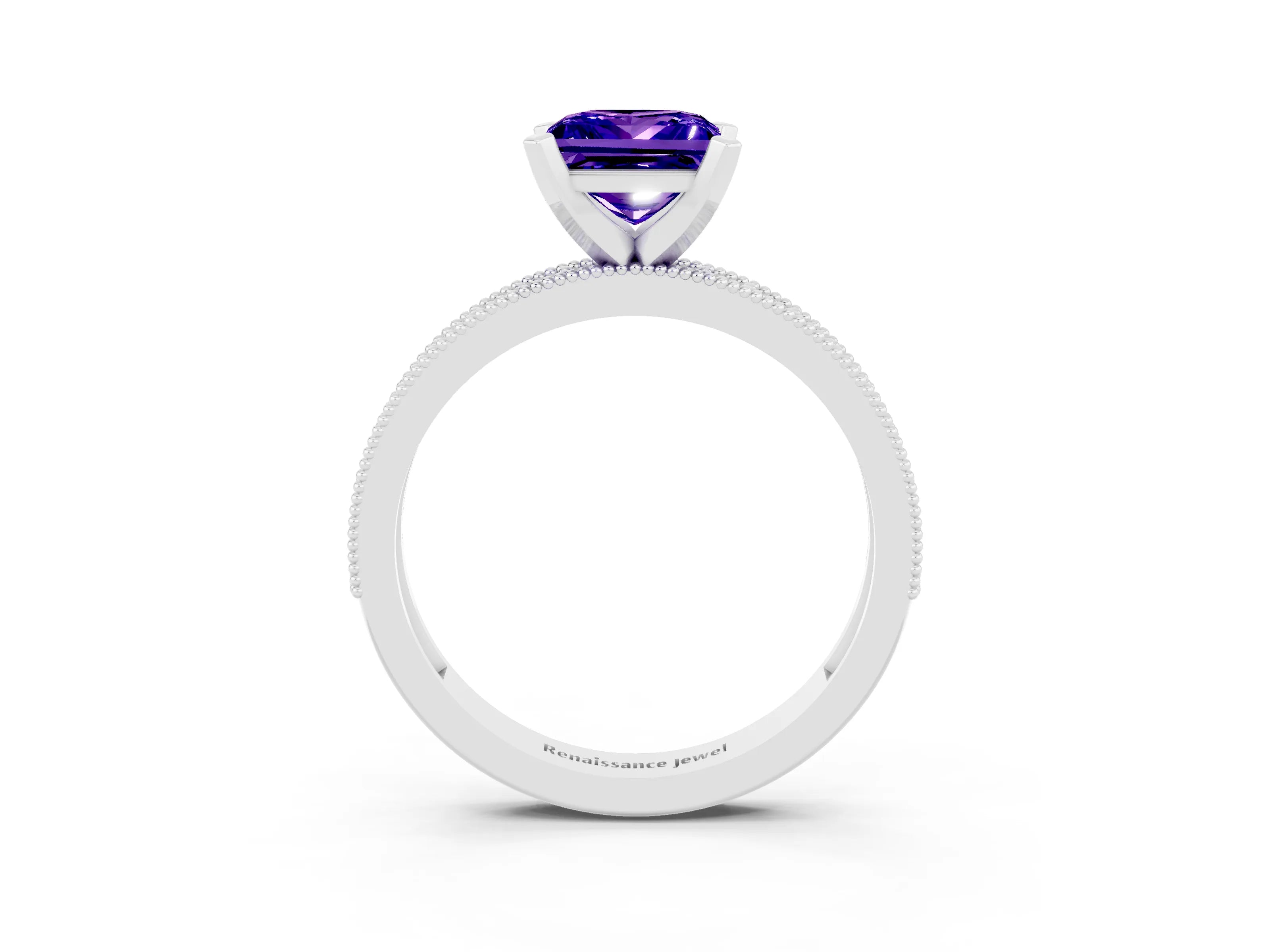 White gold Princess Cut Tanzanite Milgrain Pavé Engagement Ring with Four-Prong Setting_15