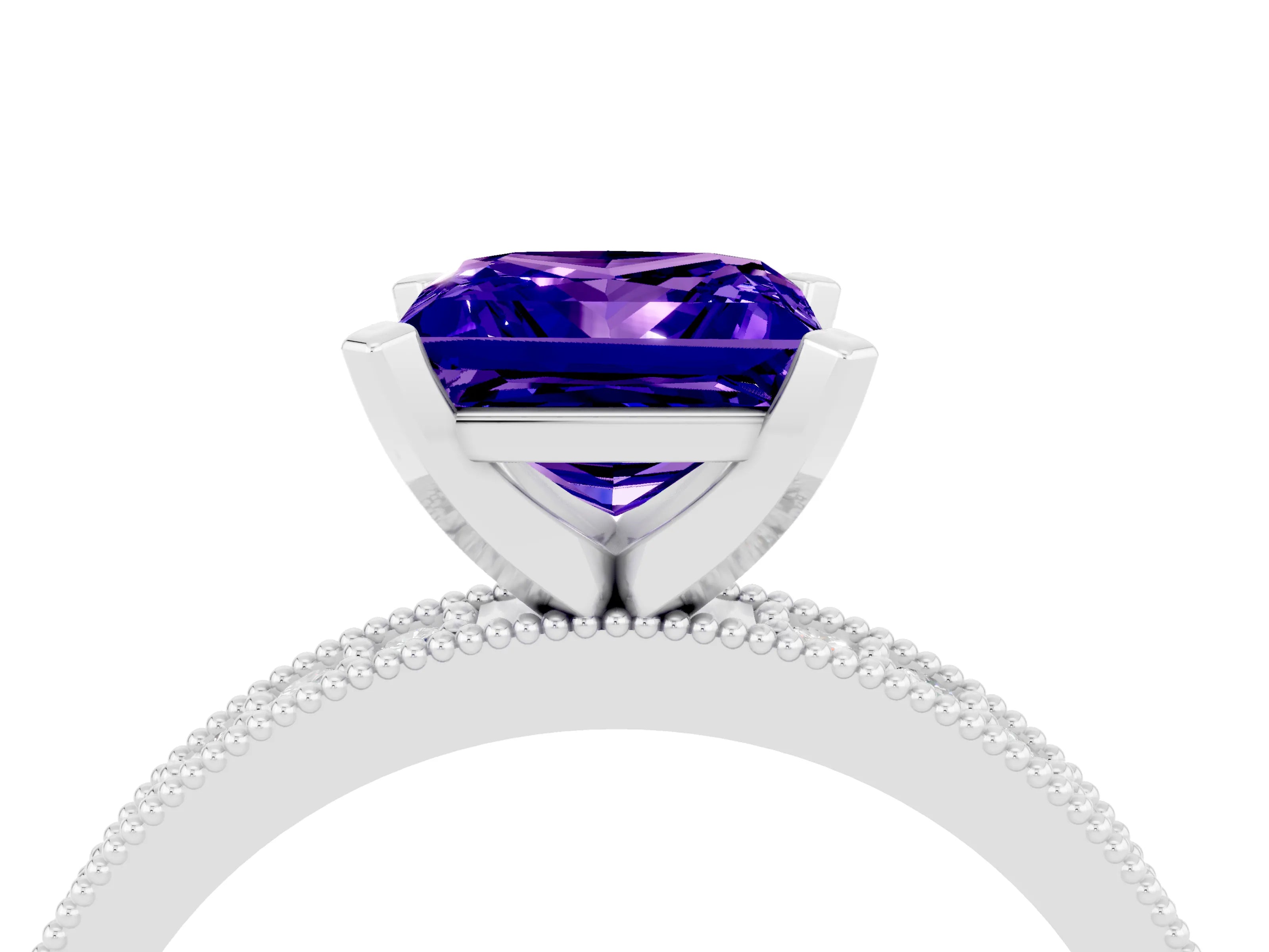 White gold Princess Cut Tanzanite Milgrain Pavé Engagement Ring with Four-Prong Setting_16