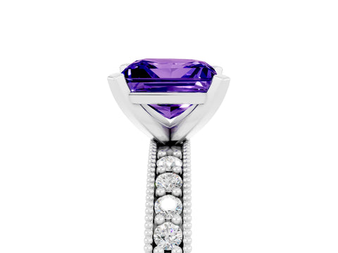 White gold Princess Cut Tanzanite Milgrain Pavé Engagement Ring with Four-Prong Setting_17