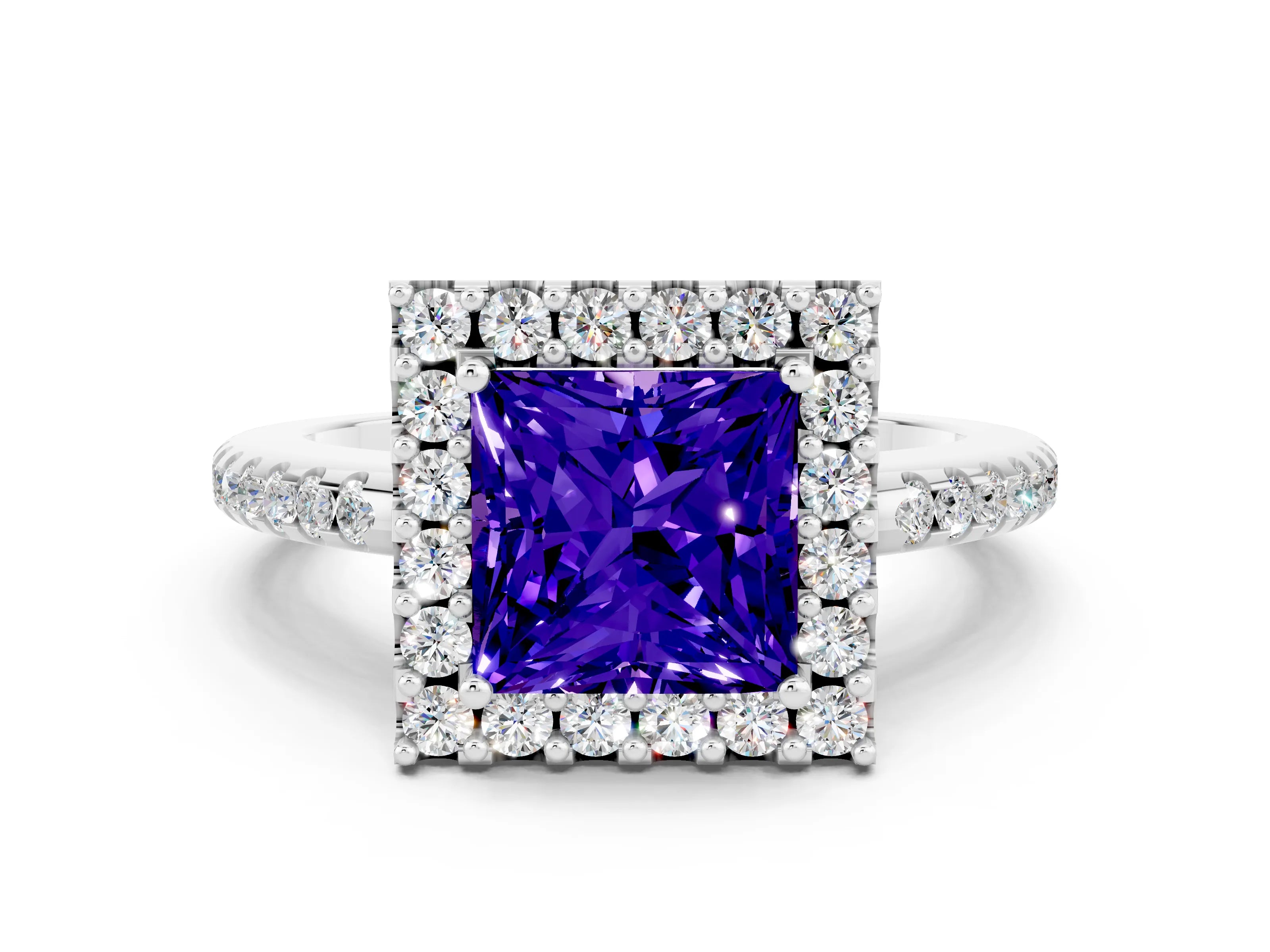 White gold Princess Cut Tanzanite Pavé Halo Ring with Four-Prong Setting_12