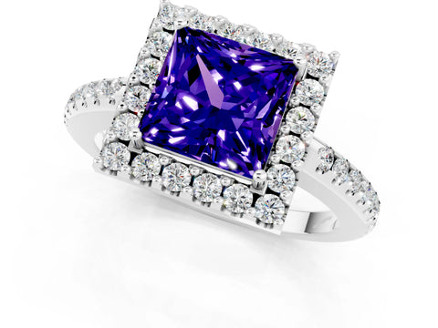 White gold Princess Cut Tanzanite Pavé Halo Ring with Four-Prong Setting_13