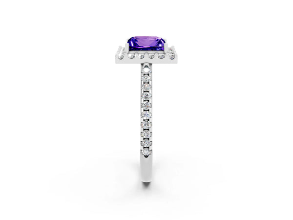 Platinum Princess Cut Tanzanite Pavé Halo Ring with Four-Prong Setting