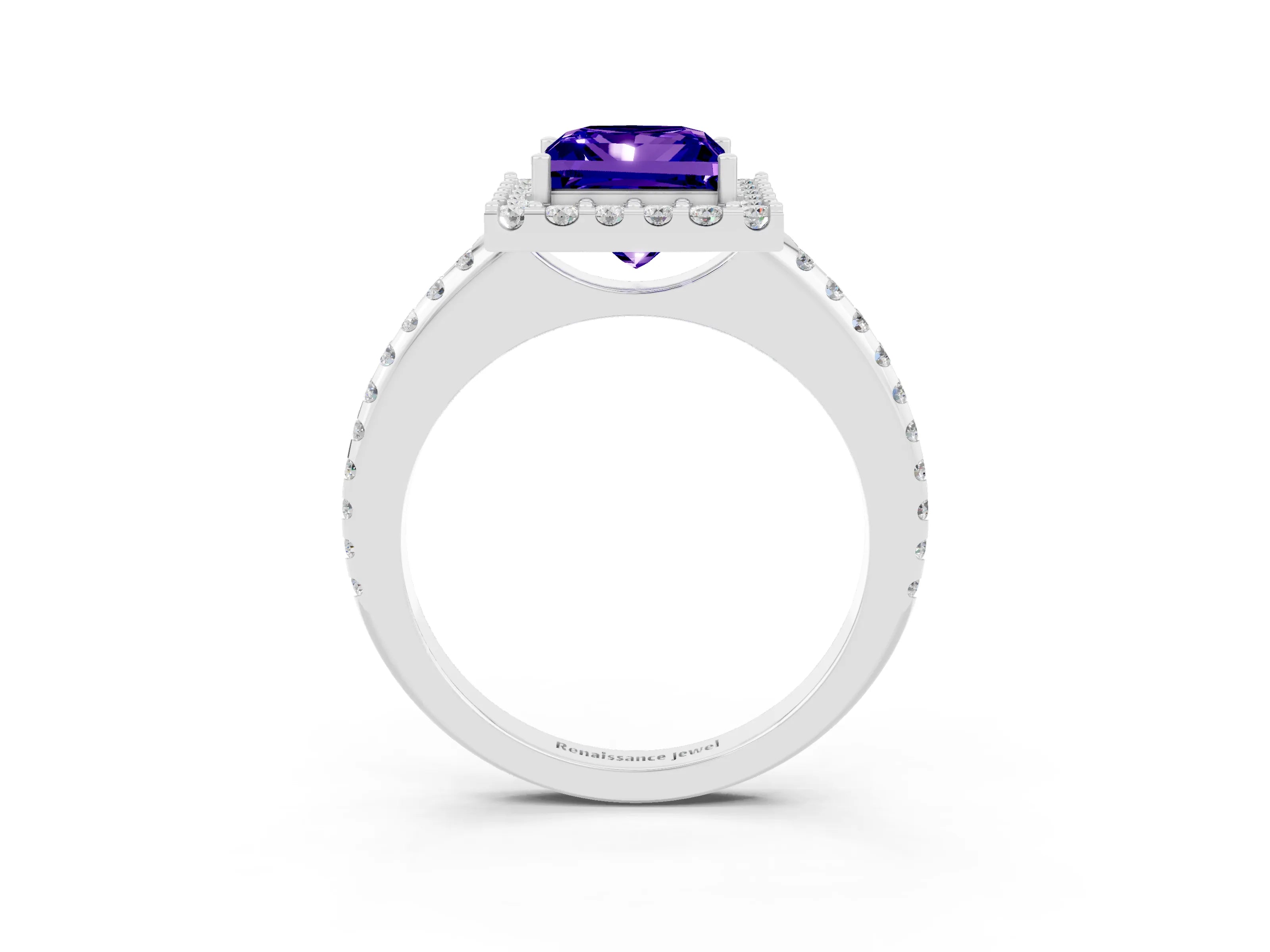 White gold Princess Cut Tanzanite Pavé Halo Ring with Four-Prong Setting_15