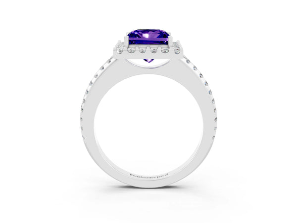 White gold Princess Cut Tanzanite Pavé Halo Ring with Four-Prong Setting