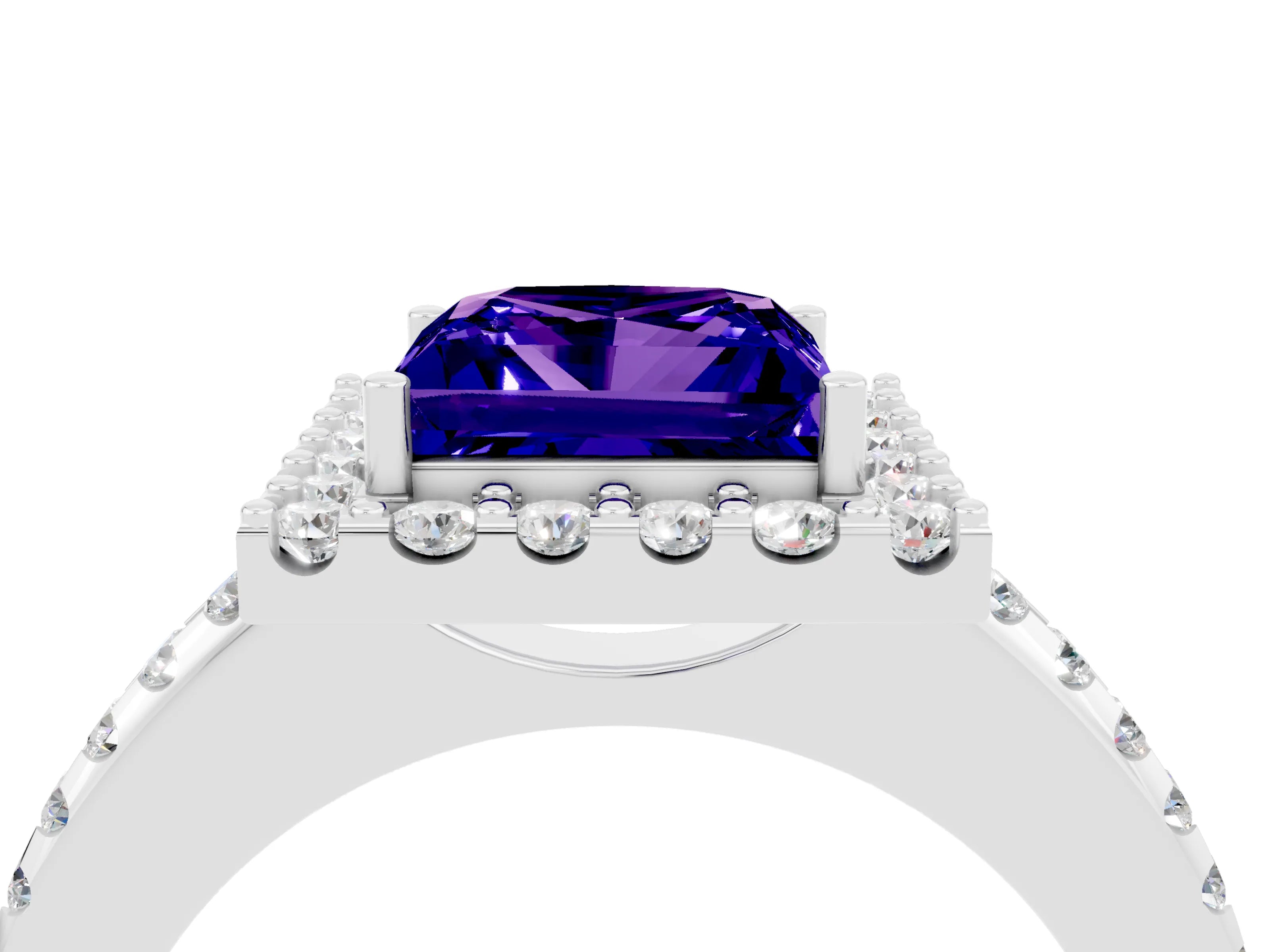 White gold Princess Cut Tanzanite Pavé Halo Ring with Four-Prong Setting_16