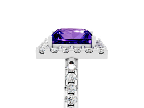 White gold Princess Cut Tanzanite Pavé Halo Ring with Four-Prong Setting_17