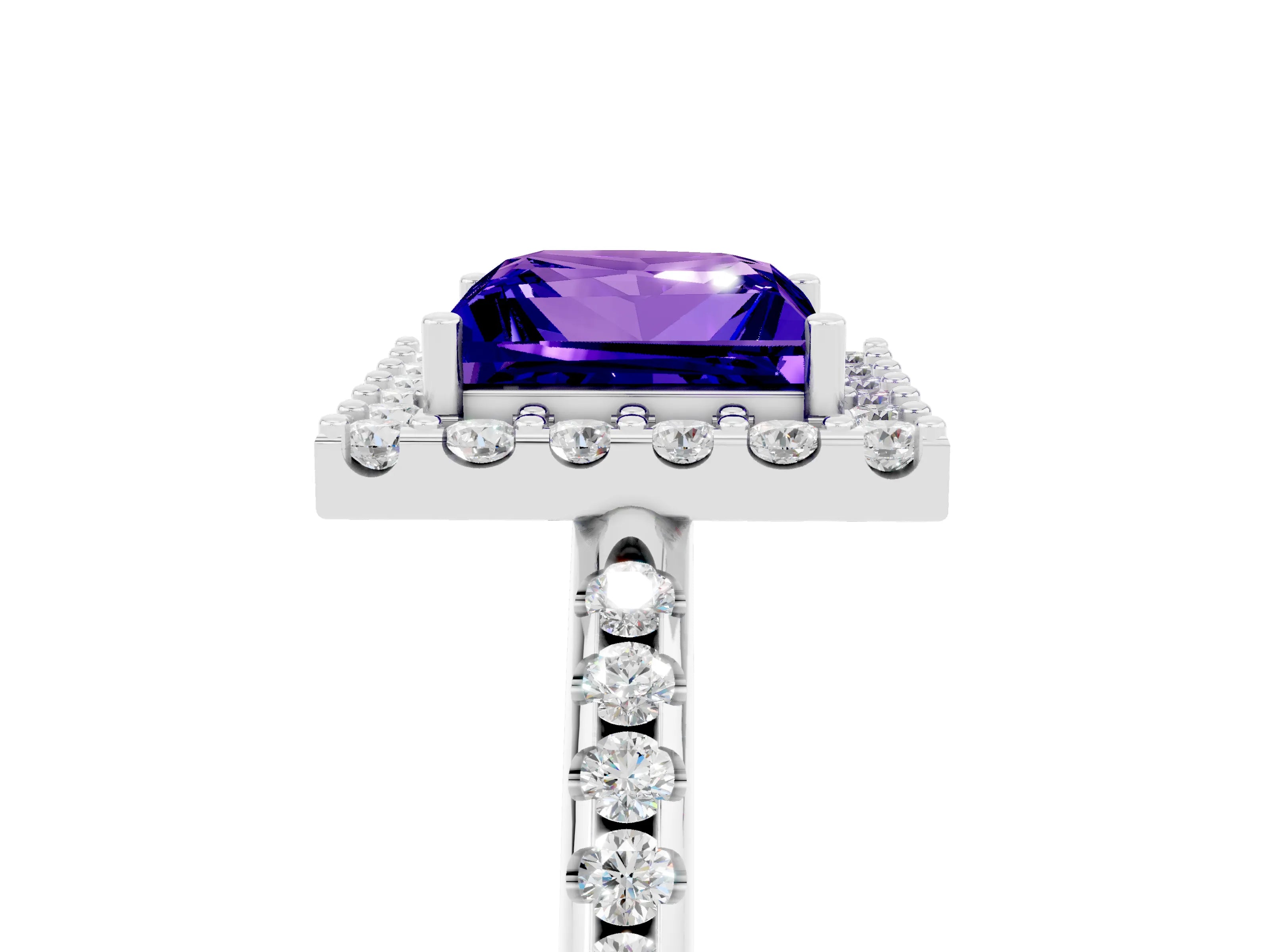 White gold Princess Cut Tanzanite Pavé Halo Ring with Four-Prong Setting_17