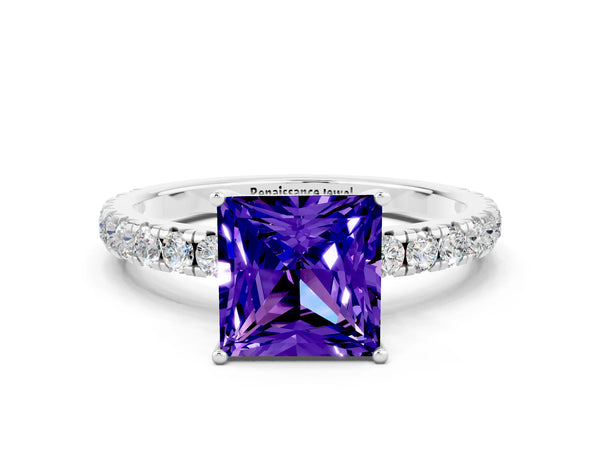Silver Princess Cut Tanzanite Pavé Solitaire Engagement Ring with Four-Prong Setting