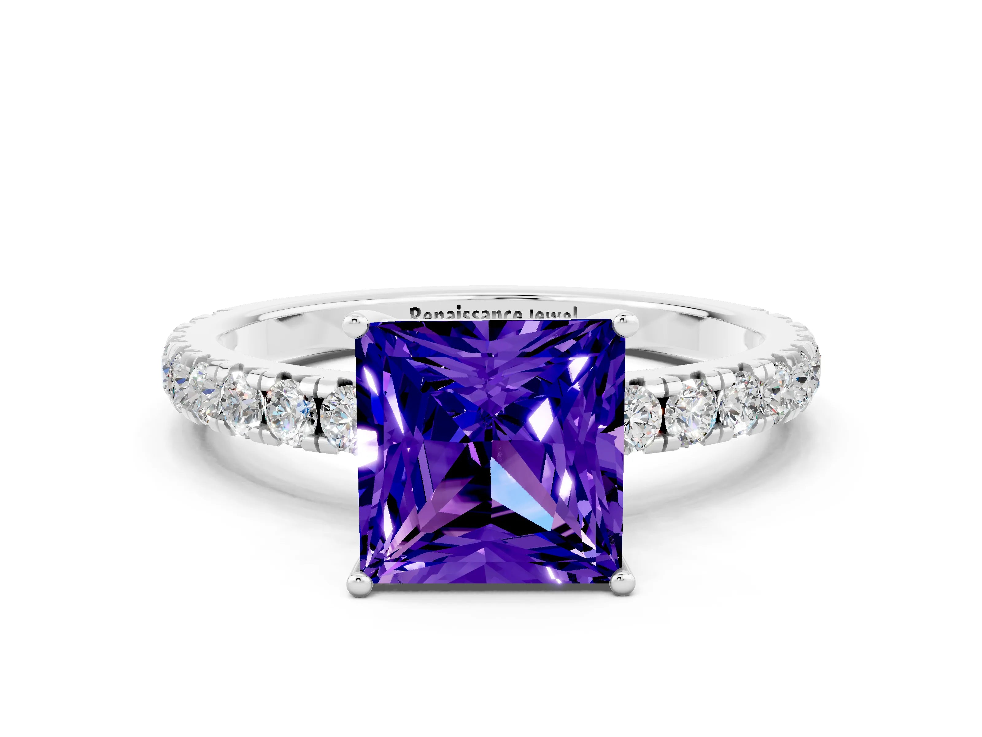 White gold Princess Cut Tanzanite Pavé Solitaire Engagement Ring with Four-Prong Setting_12