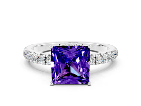 White gold Princess Cut Tanzanite Pavé Solitaire Engagement Ring with Four-Prong Setting_12