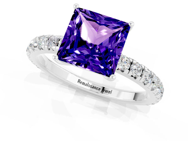 Platinum Princess Cut Tanzanite Pavé Solitaire Engagement Ring with Four-Prong Setting