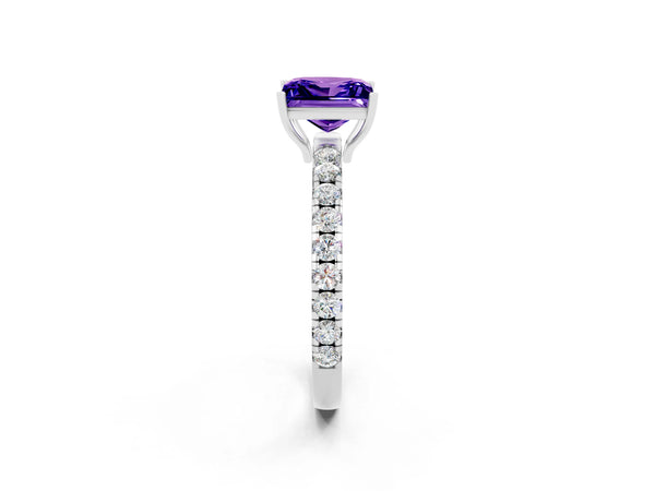 White gold Princess Cut Tanzanite Pavé Solitaire Engagement Ring with Four-Prong Setting