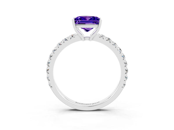 Platinum Princess Cut Tanzanite Pavé Solitaire Engagement Ring with Four-Prong Setting