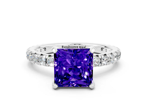 White gold Princess Cut Tanzanite Pavé Solitaire Ring with Round Band and Prong Setting