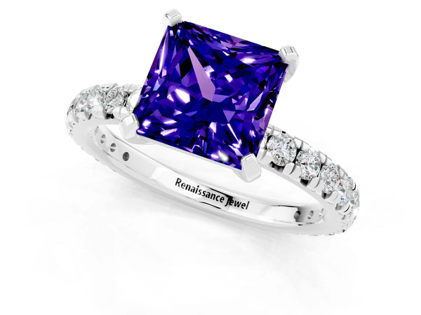 Silver Princess Cut Tanzanite Pavé Solitaire Ring with Round Band and Prong Setting