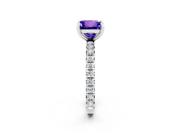 Platinum Princess Cut Tanzanite Pavé Solitaire Ring with Round Band and Prong Setting